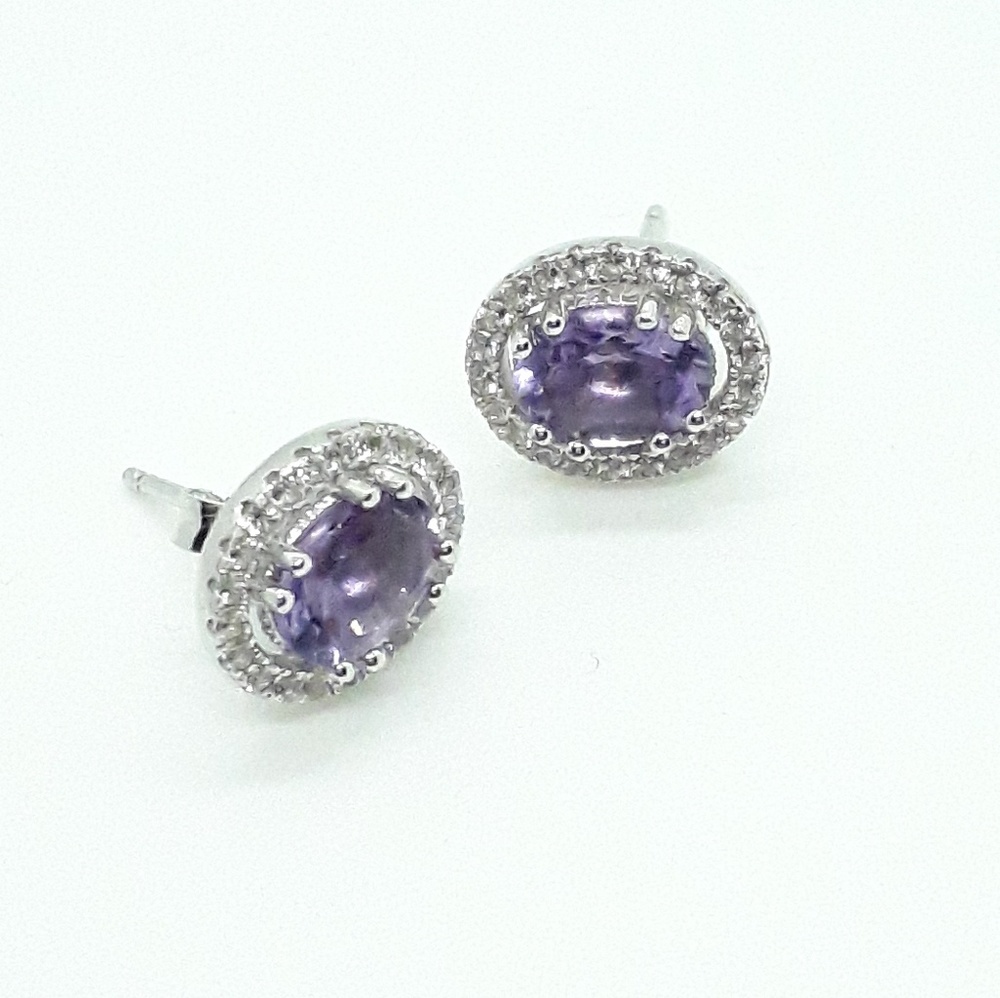 Oval Amethyst Sterling Silver Halo Stud Earrings